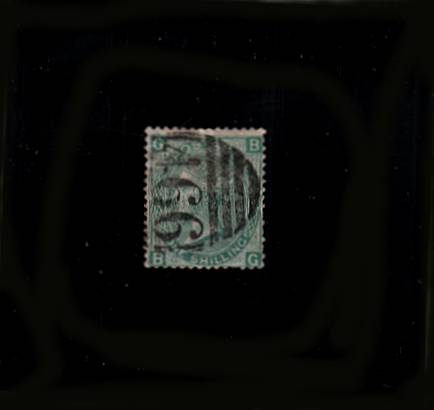 view larger image for SG 117 (1867) - 1/- Green from Plate 4 lettered ''B-G''<br/>
A good used stamp cancelled with a ''466'' for LIVERPOOL but with two short perfs at right.SG Cat £65

<br><b>QEQ</b>