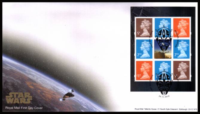 view larger back view image for Star Wars booklet pane on an unaddressed official Royal Mail FDC cancelled with the official alternative FDI cancel for MAULDEN - BEDFORD dated 26.11.2019