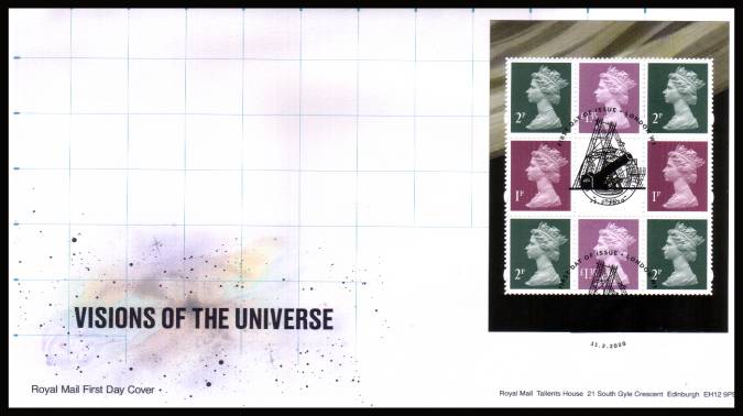 view larger back view image for Visions of the Universe booklet pane  on an unaddressed official Royal Mail FDC cancelled with the official alternative FDI cancel for LONDON W1 dated 11.2.2020 	