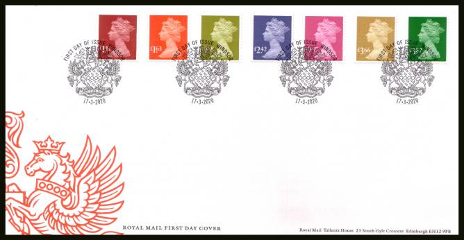 view larger back view image for New Definitives set of seven on an unaddressed official Royal Mail FDC cancelled with the official alternative FDI cancel for WINDSOR dated 17.3.2020