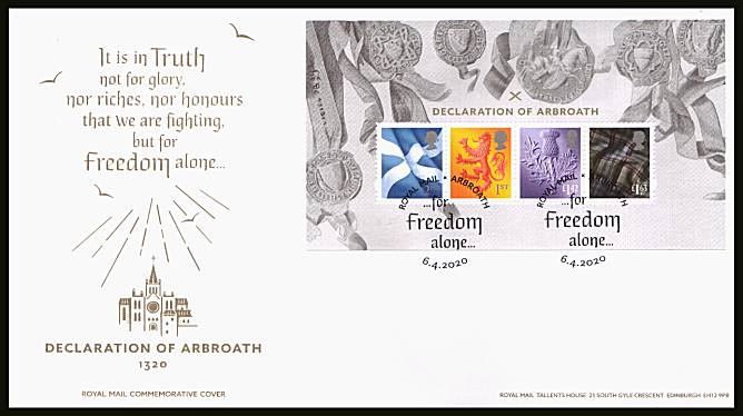 view larger back view image for Declaration of Arbroath minisheet on an unaddressed official Royal Mail FDC cancelled with the official alternative FDI cancel for ARBROATH dated 6.4.2020 	