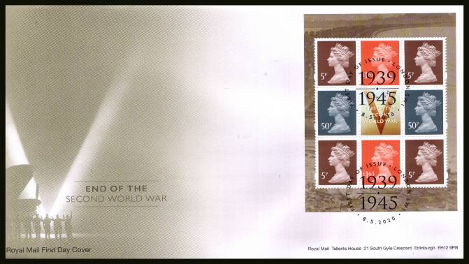 view larger back view image for End of Second World War booklet pane on an unaddressed official Royal Mail FDC cancelled with the official alternative FDI cancel for LONDON SW1 dated 8.5.2020 	