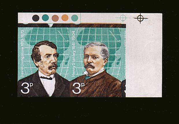 view larger image for SG 923var-924var (1973) - British Explorers<br/>
A  TOP MARGINAL ''TRAFFIC LIGHT'' and RIGHT SIDE CORNER mint  <b>IMPERFORATE PAIR and MISSING HEADS</b> superb unmounted mint.
Not  in GIBBONS but listed in PEIRRON 2005 at £500 stating 50 pairs from proof. Unique!<br/><b>QWD