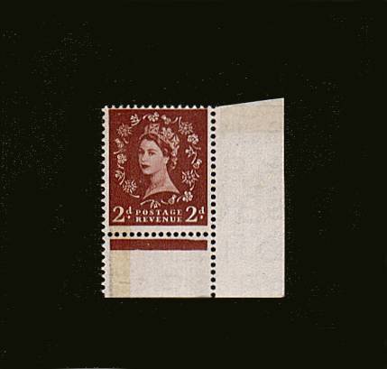 view larger image for SG 605a (1959) - 2d Light Red-Brown<br/>
A superb unmounted mint single from the SE corner of the sheet thus clearly showing the <b>''ERROR OF WATERMARK'' </b>of Edward Crown. SG Cat £200<br/><b>QWD</b>