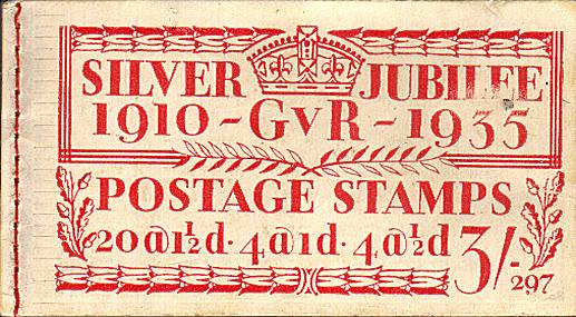 British Stamps George 5th Booklets Item: view larger image for SG  BB28 (1935) - 3/- Silver Jubilee Booklet - Edition number 297 <br/>in good condtition on front but with some stamps missing.<br/>
SG Cat £90

