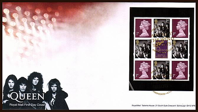 view larger back view image for Queen - A pop group! booklet pane on an unaddressed official Royal Mail FDC cancelled with the official alternative FDI cancel for KNEBWORTH dated 9.7.2020