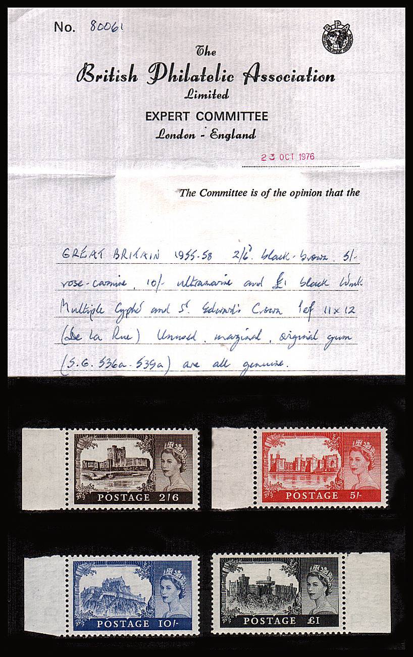 view larger image for SG 536a-539a (1959) - <b>''Castles'' printed by De La Rue<br/></b>
know as ''First De La Rue''<br/>
Edward Crown watermark<br/>
Superb unmounted mint marginal singles. With the bonus of a certificate for three of the values. 4th stamp is still 1st De La Rue! Superb!
