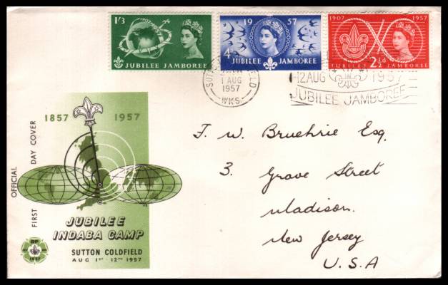 view larger back view image for World Scout Jubilee Jamboree set of three on a hand addressed illustrated OFFICIAL FDC cancelled with the SUTTON COLDFIELD slogan cancel reading ''WORLD SCOUT JUBILEE JAMBOREE'' dated 1 AUG 1957 to NEW JERSEY USA
<br/><b>QHQ</b>