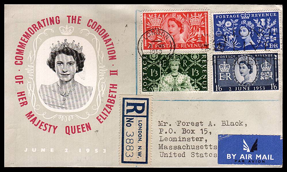 view larger back view image for Coronation set of four on a small Registered FDC to USA cancelled with a LONDON LONG LIVE THE QUEEN slogan. Note the cover has a Blue-Grey colour except for the unprinted area around the Queen's head. 
<br/><b>QHQ</b>