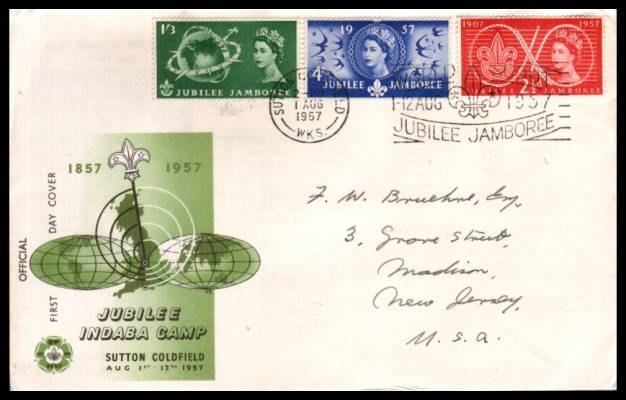 view larger back view image for World Scout Jubilee Jamboree set of three on a hand addressed illustrated FDC cancelled with the SUTTON COLDFIELD slogan cancel reading ''WORLD SCOUT JUBILEE JAMBOREE'' dated 1 AUG 1957 to USA.
<br/><b>QHQ</b>