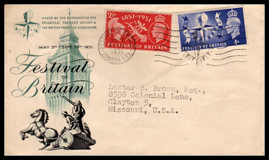 view larger back view image for Festival of Britain set of two on an illustrated FDC envelope with neatly typed address cancelled with the large Special Handstamp for the first day of the exhibition, the 4th of May. The stamps were issued the previous day. Very scarce cancel. 	

<br/>