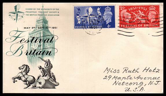 view larger back view image for Festival of Britain set of two on a hand addressed colour FDC cancelled with a LONDON E.C. 'wavy line' cancel clearly dated 3 MAY 1951
<br/><b>QHQ</b>