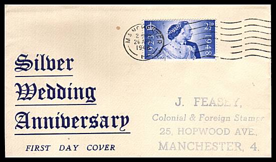 view larger back view image for Royal Silver Wedding 2½d Untramarine single on illustrated FDC cancelled with a MANCHESTER 'wavy line'clearly dated 26 APR 1948 and handstamp address. 
<br/><b>QHQ</b>