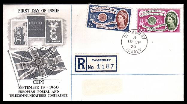 view larger back view image for EUROPA set of two on a colour handstamped UNADDRESSED (label removed) Registered FDC cancelled with a crisp CAMBERLEY - SURREY steel CDS date 19 SP 60. Crisp and fresh! 
<br/><b>QHQ</b>