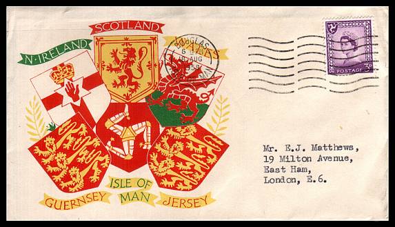 view larger back view image for ISLE OF MAN - 3d Deep Lilac on colour illustrated FDC clearly cancelled 18 AUG 1958 with a DOUGLAS - ISLE OF MAN 'wavy line' cancel.
<br/><b>QHQ</b>