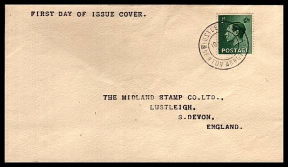 view larger back view image for ½d Green<br/>
On a small crisp envelope cancelled with a LUSTLEIGH - NEWTON ABBOT - DEVON double ring steel CDS dated 1 SP 36. Pristine! 
<br/><b>QHQ</b>