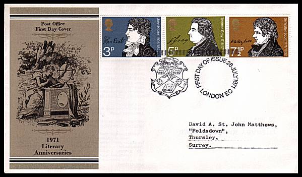 view larger back view image for Literary Anniversaries set of three on a typed addressed official Post Office FDC cancelled with a special cancel for LONDON EC dated 28 JUL 1971.

<br/><b>QHQ</b>