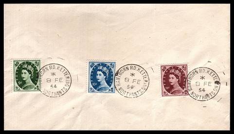 view larger back view image for Wildings - 9d 10d and 11d Tudor Crown<br/>
An unaddressed plain cover with each stamp cancelled woth an upright, crisp steel CDS for KETTERING - NORTHANTS dated 8 FE 54.<br/>
SG Cat for illustrated £250


<br/><b>QHQ</b>