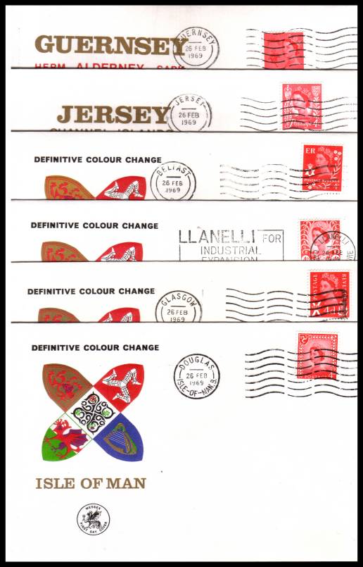 view larger back view image for 4d Bright Vermilion<br/>
Matched set of six WESSEX UNADDRESSED FDCs (label removed) each cancelled with the appropriate cancels dated 26 FE 69.<br/><b>QHQ</b>