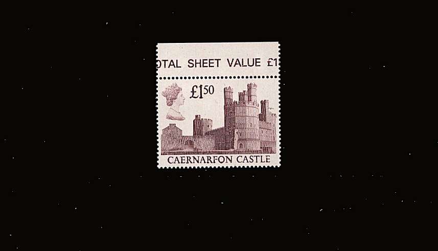 view larger image for SG 1411var (1988) - £1.50 Maroon - 'White Head' Castle<br/>
A superb unmounted top marginal single printed on very highly glossy paper. The ink did not take well to this paper resulting in a mottled effect on the lettering.