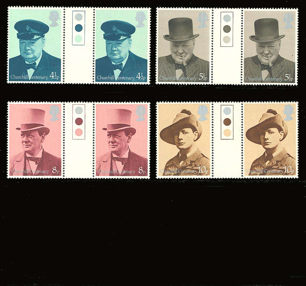 view larger back view image for Churchill set of four<br/>
in unfolded '''traffic light'' gutter pairs superb unmounted mint.