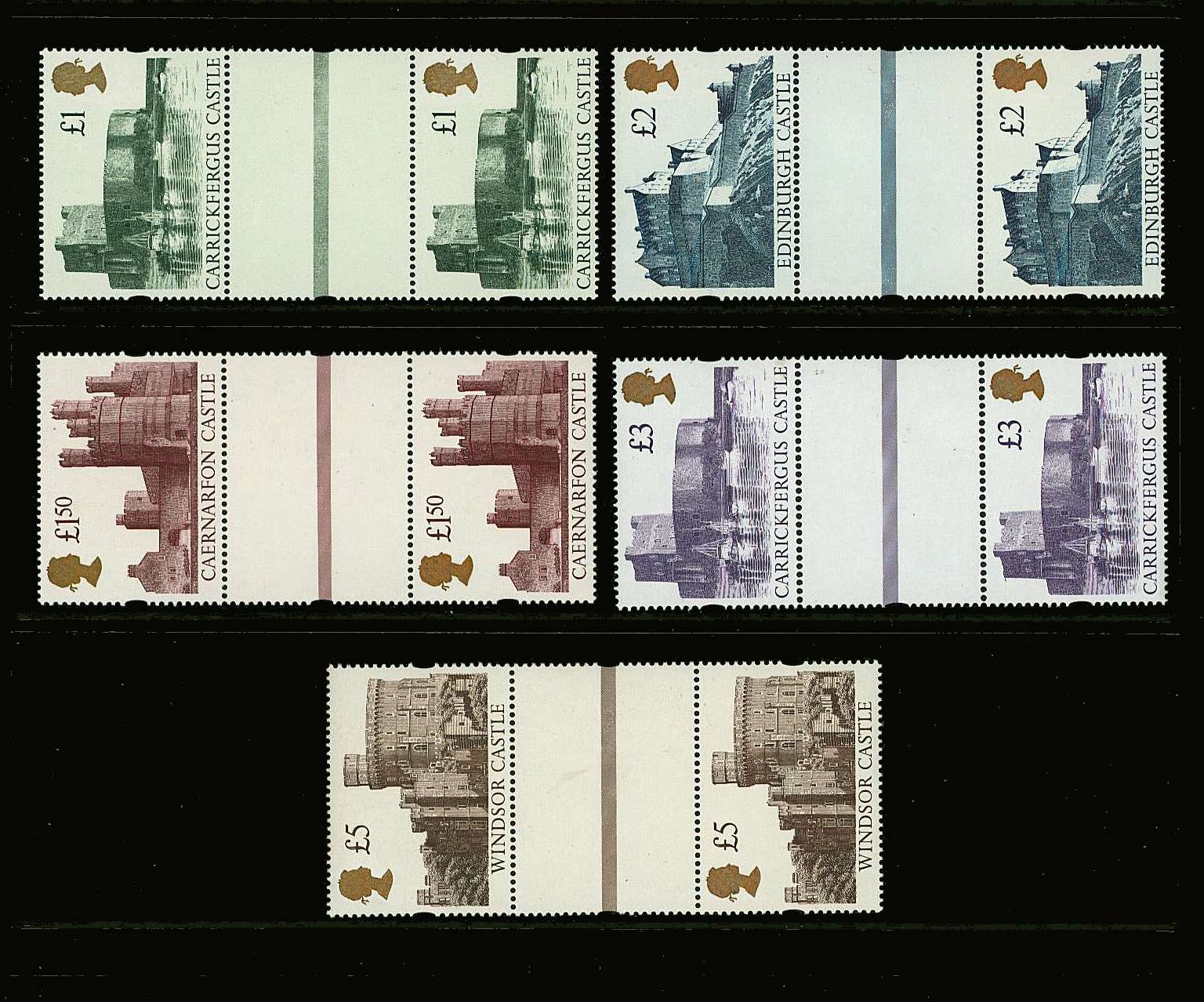 view larger image for SG 1611g-1614g (1992-1995) - The ''Gold Head'' Castles set of five<br/>in vertical unfolded ''Gutter Pairs'' superb unmounted mint.<br/>SG Cat £100