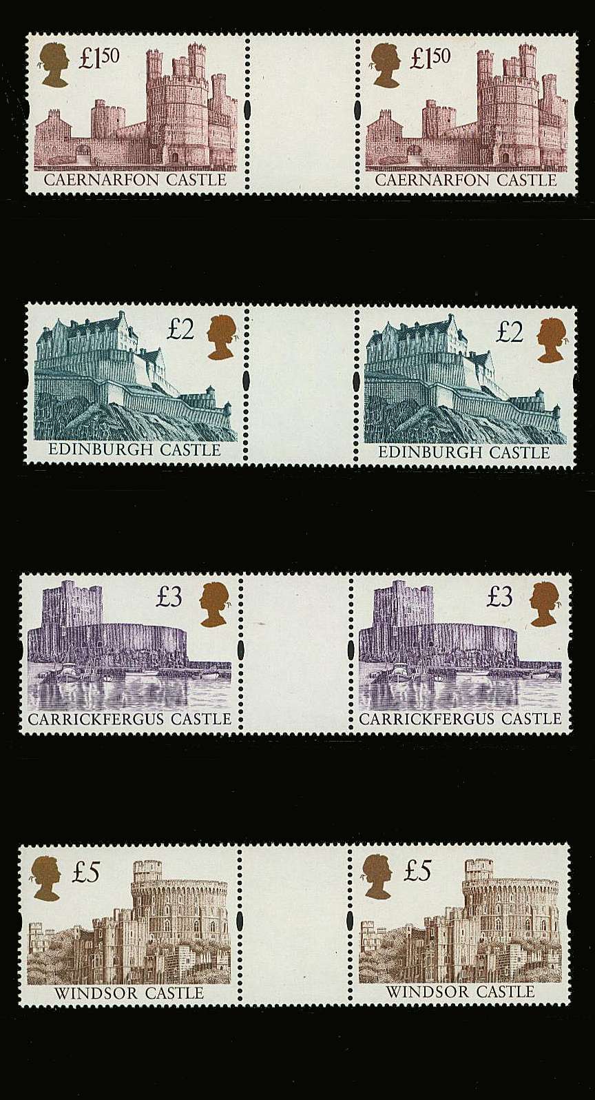 view larger image for SG 1993g-1996g (1997) - The ''Gold Head'' Castles set of four<br/>Printed by Enschedé <br/>in horizontal unfolded ''Gutter Pairs'' <br/>superb unmounted mint.<br/>A rare set to find!<br/>
SG Cat £175
