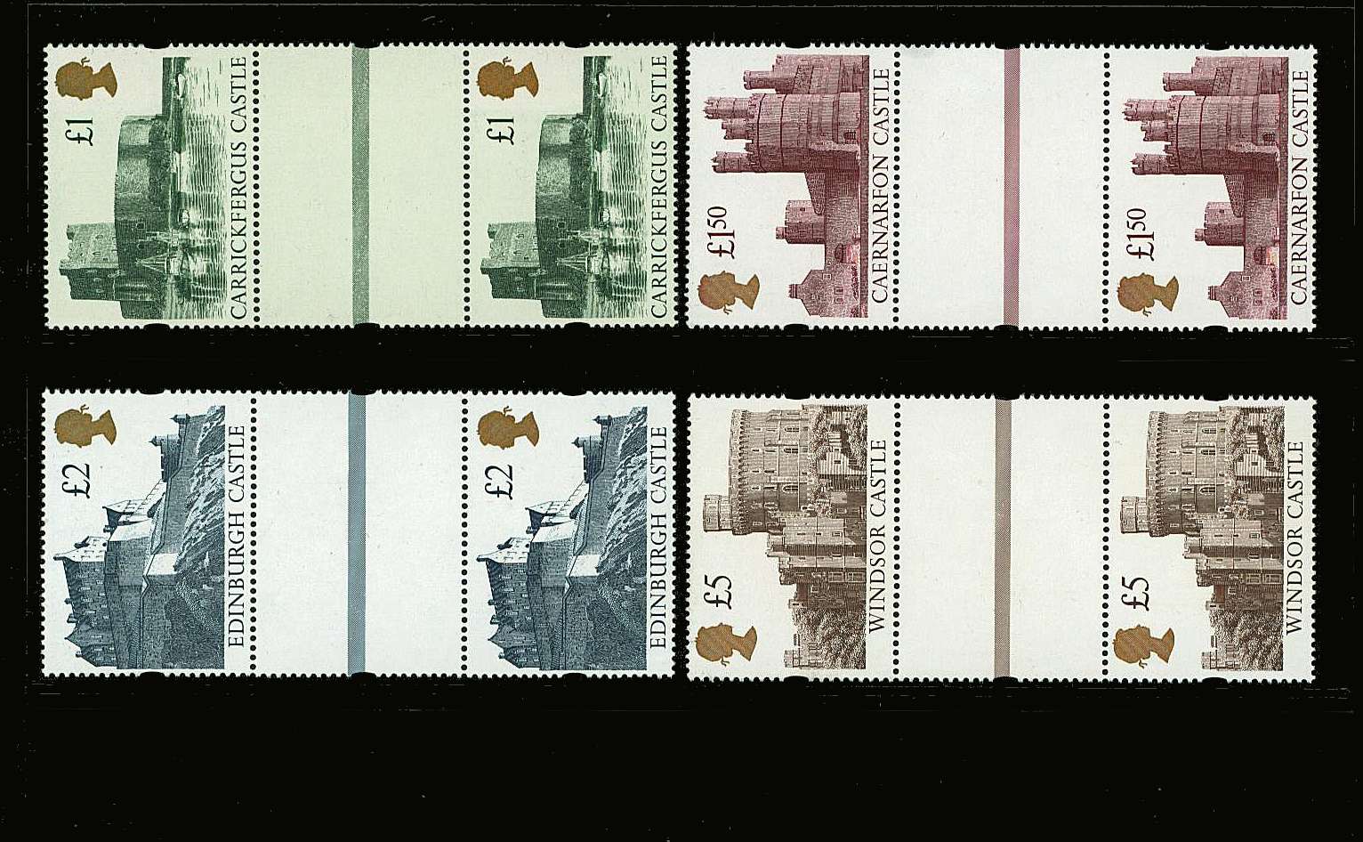 view larger image for SG 1611rg-1614rg (1994) - The ''Gold Head'' Castles set of four<br/>
Re-Engraved (richer, deeper colours) <br/>
in vertical unfolded ''Gutter Pairs'' superb unmounted mint.

