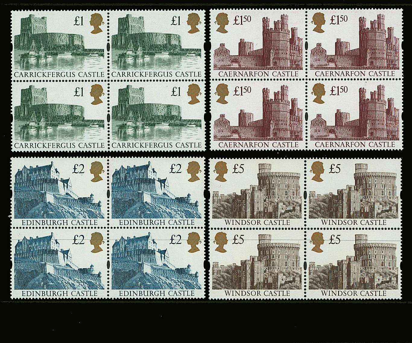 view larger image for SG 1611r-1614r (1994) - The ''Gold Head'' Castles set of four<br/>
Re-Engraved (richer, deeper colours)<br/>
in superb unmounted mint blocks of four.