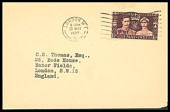 view larger back view image for Coronation single on a reduced at left envelope with neatly typed address clearly and crisply cancelled with a LONDON W1 ''wavy line'' cancel dated 13 MAY 1937.
<br/><b>QQN</b>