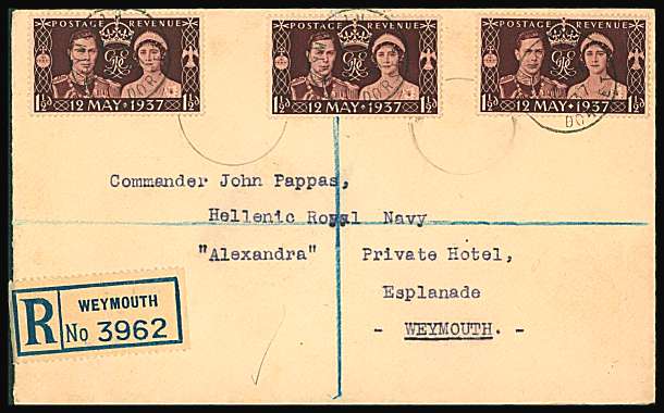 view larger back view image for Three Coronation singles on a small local Registered envelope to a ships captain in WEYMOUTH staying at ''Alexandra Private Hotel'' cancelled with three strikes of a steel CDS for WEYMOUTH - DORSET dated 13 MY 37.
<br/><b>QQN</b>