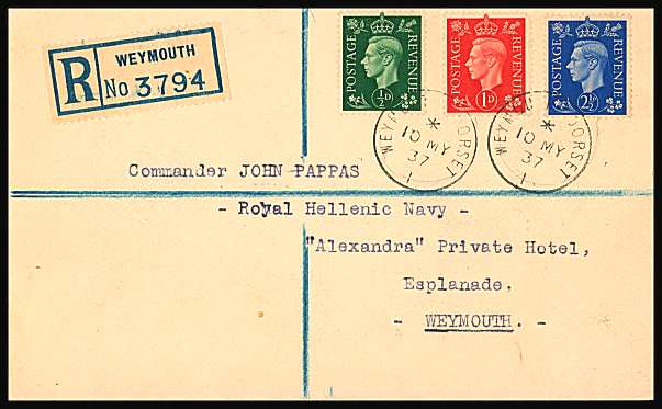 view larger back view image for The ½d, 1d and 2½d ''Dark Colours'' set of three on a neatly typed Registered envelope to a ships captain in WEYMOUTH staying at ''Alexandra Private Hotel'' with two strikes of a steel CDS for WEYMOUTH - DORSET dated 10 MY 37.<br/><b>QQN