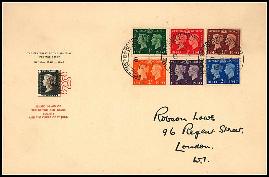 view larger back view image for Postage Stamp Centenary set of six on the famous ''ROBSON LOWE'' illustrated FDC. Now the address is printed on, not possible to find unaddressed cancelled with the BOURNEMOUTH special cancel dated 6 MAY 1940. Famous and rare FDC!
<br/><b>QQN</b>