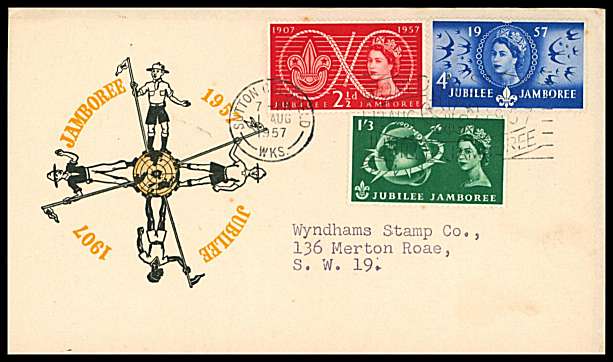 view larger back view image for World Scout Jubilee Jamboree set of three on a colour illustrated neatly typed addressed FDC cancelled with the SUTTON COLDFIELD slogan cancel reading ''WORLD SCOUT JUBILEE JAMBOREE'' dated 1 AUG 1957 
<br/><b>QQN</b>