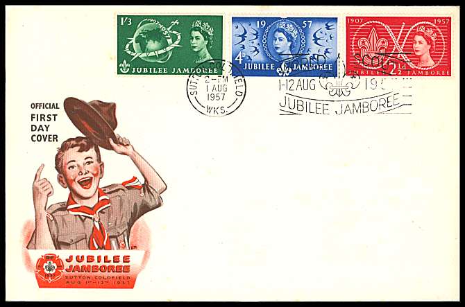 view larger back view image for World Scout Jubilee Jamboree set of three on an unaddressed FDC cancelled with the SUTTON COLDFIELD slogan cancel reading ''WORLD SCOUT JUBILEE JAMBOREE'' dated 1 AUG 1957 
<br/><b>QQN</b>