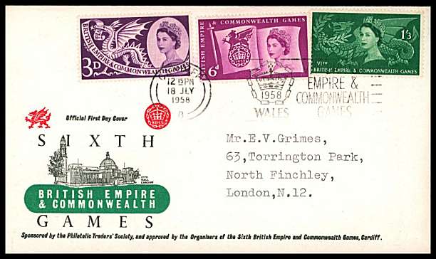 view larger back view image for Commonwealth Games set of three on a colour illustrated neatly typed addressed FDC cancelled with the CARDIFF slogan cancel reading ''EMPRIRE & COMMONWEALTH GAMES'' dated 18 JUL 1958 
<br/><b>QQN</b>