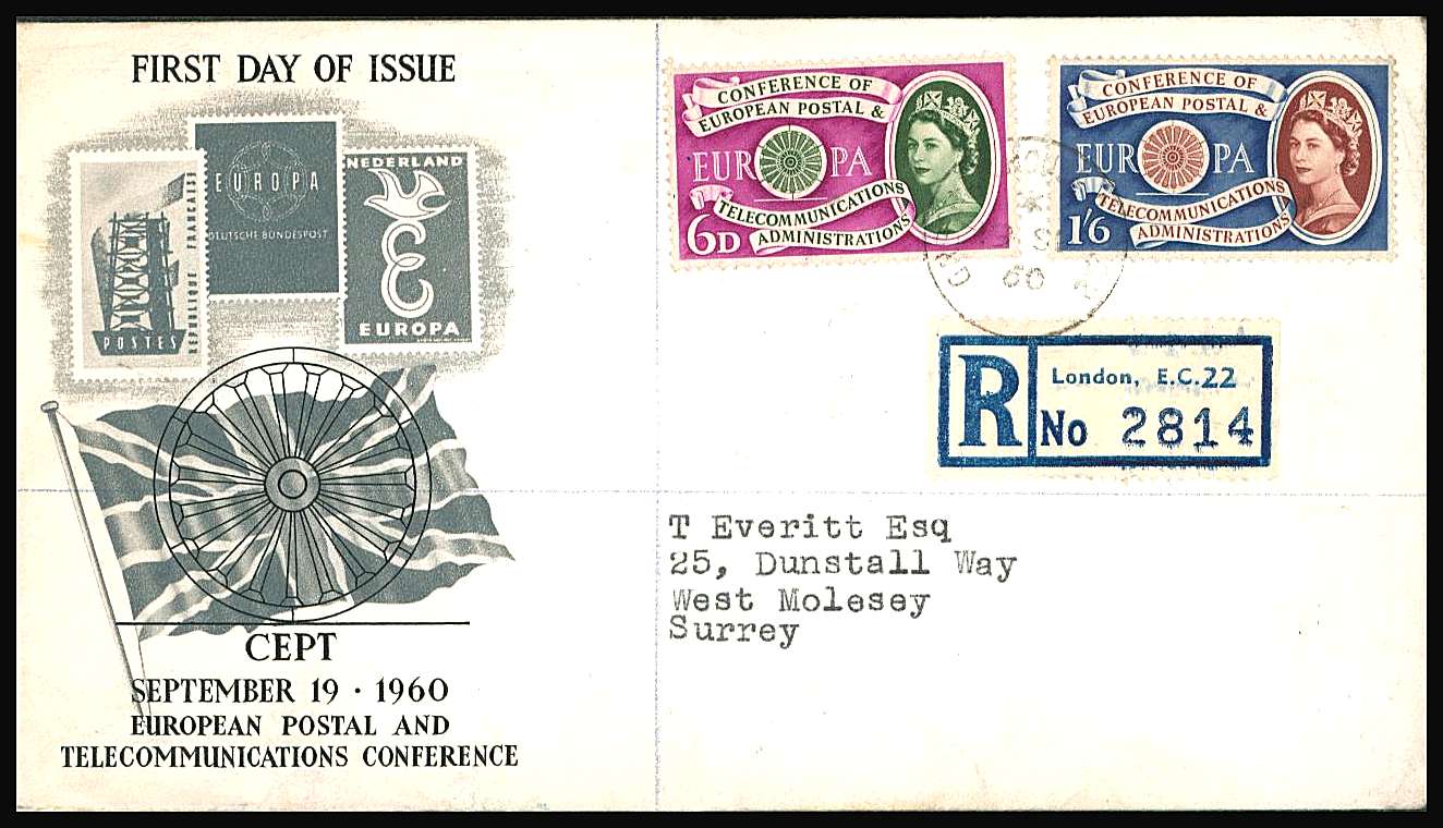 view larger back view image for EUROPA set of two on a Registered neatly typed address illustrated FDC cancelled a GRESHAM HOUSE EC2 steel CDS dated 19 SP 60 
<br/><b>QQN</b>