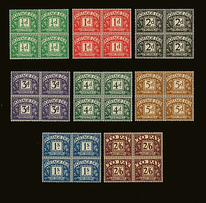 view larger image for SG D27-D34 (1937) - The George 6th set of eight<br/>In superb unmounted mint blocks of four. Rare in blocks!<br/>
SG Cat £1160