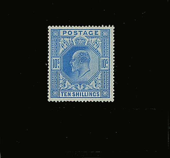 view larger image for SG 265 (1902) - <br/><b>10/- Ultramarine - De La Rue</b>
<br/>A fine superb unmounted mint single.<br/>
Difficult stamp. SG Cat £2000
<br/><b>QQP</b>