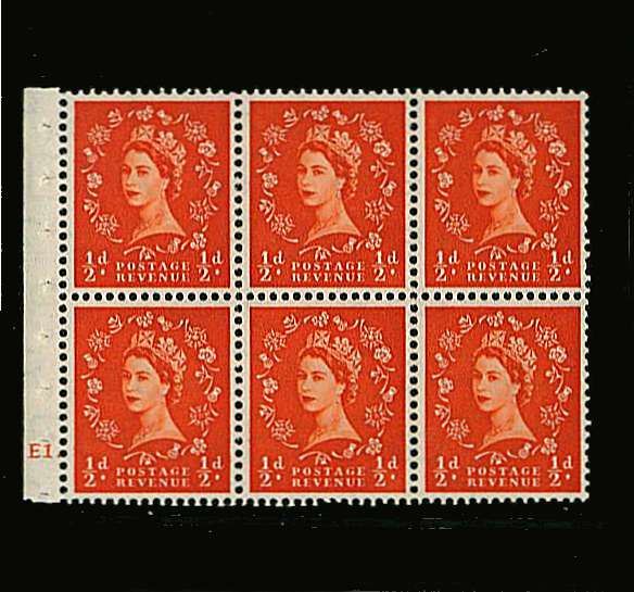 view larger image for SG SB1 (1954) - ½d Orange - Watermark Tudor Crown.<br/>
A superb unmounted mint Booklet pane of six.<br/>
Perf Type ''le'' showing Cylinder E1<br/>
SG Cat £60 
<br/><b>QQP</b>