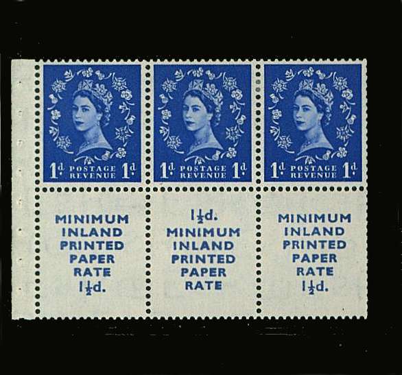 view larger image for SG SB23 (1954) - 1d Ultramarine - Watermark Tudor Crown.<br/>
A lightly mounted mint Booklet pane of three<br/>with three ''MINIMUM INLAND labels. Rare pane!<br/>
Perf Type ''l'' <br/>
SG Cat £500
<br/><b>QQP</b>