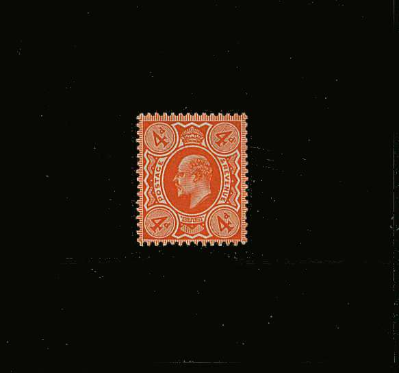 view larger image for SG 239 (1909) - 4d Brown-Orange - De La Rue<br/>
A superb unmounted mint single taken from a large block!<br/>
Superb so fine!<br/>SG Cat £300
<br/><b>QQP</b>