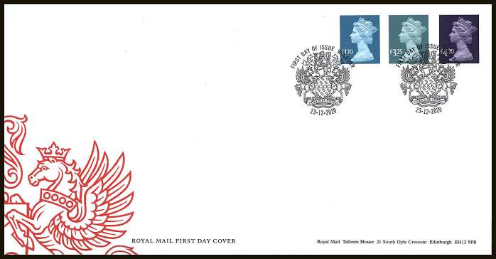view larger back view image for New Definitives set of three on an unaddressed official Royal Mail FDC cancelled with the official alternative FDI cancel for WINDSOR dated 23.12.2020