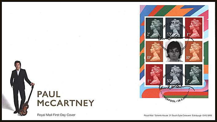 view larger back view image for Paul McCartney booklet pane
 on an unaddressed official Royal Mail FDC cancelled with the official alternative FDI cancel for LIVERPOOL dated 28.5.2021 	