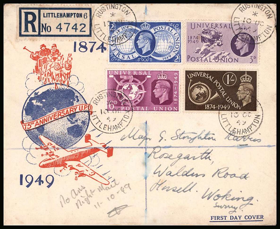 view larger back view image for 75th Anniversary of Universal Postal Union set of four on a REGISTERED illustrated, hand addressed FDC cancelled with a four RUSTINGTON - LITTLEHAMPTON steel CDS's  dated 10 OCT 49 


<br/><b>QQN</b>
