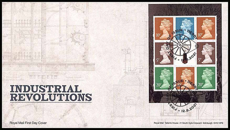 view larger back view image for Industrial Revolutions booklet pane  on an unaddressed official Royal Mail FDC cancelled with the official alternative FDI cancel for DERBY dated 12.8.2021.<br/>Please note there is Grey background printing across the envelope.