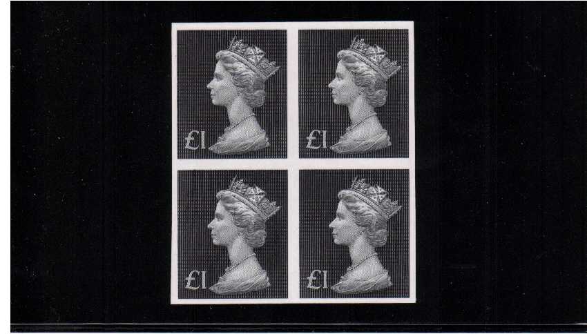 view larger image for SG 831b var (1972) - £1 Bluish Black in a superb unmounted mint imperforate block of four