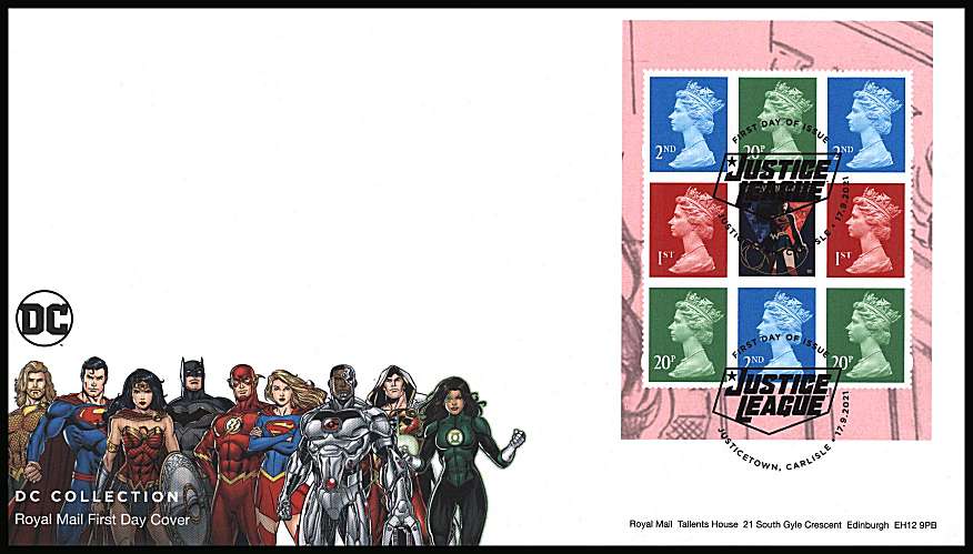 view larger back view image for DC Collection booklet pane on an unaddressed official Royal Mail FDC cancelled with the official alternative FDI cancel for JUSTICETOWN - CARLISLE dated 17-9-2021