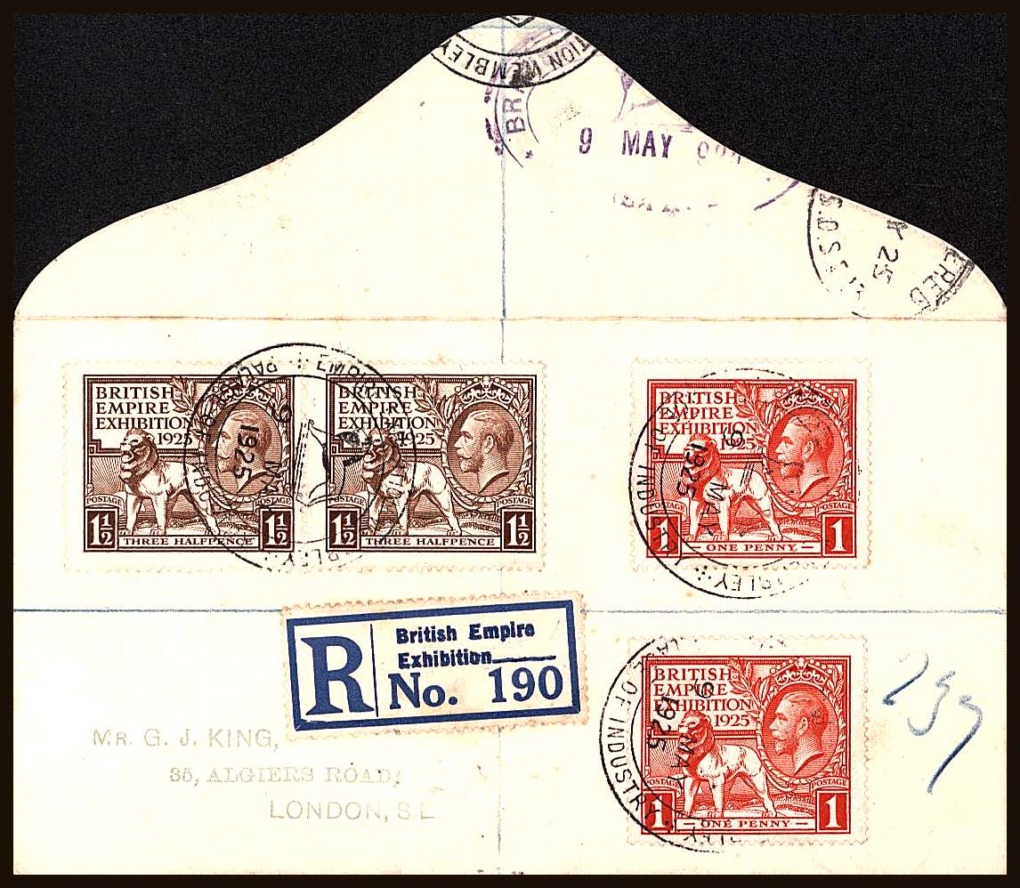 view larger back view image for 1925 Wembley set of two x2 on a bright & fresh neat G. KING registered FDC dated 9 MAY 1925 with correct blue label and PALACE OF INDUSTRY handstamps with NO faults! Very rare and only 3rd handled in 44 years. The rarest standard GB FDC. A gem!<br/><b>QQN