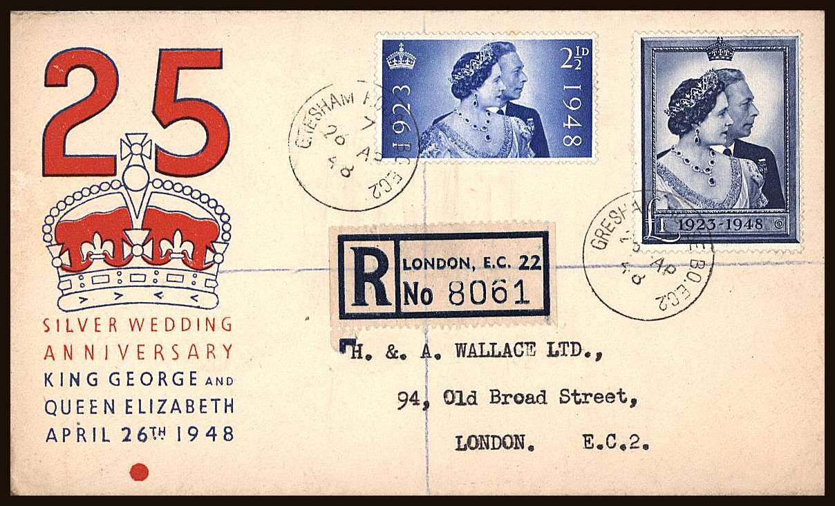 view larger back view image for Royal Silver Wedding  set of two on a light manilla colour printed REGISTERED FDC twice cancelled with a central London steel CDS for GRESHAM STREET EC2 clearly dated 26 AP 48. A stunning cover!<br/><b>QQN</b>